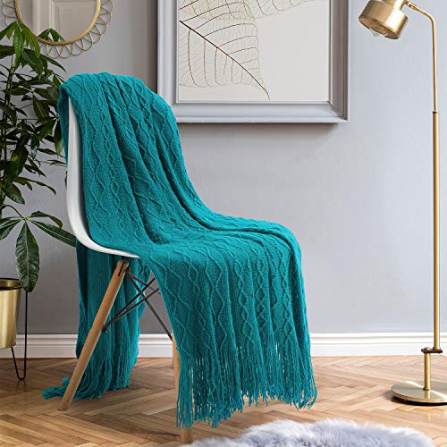 HOMEIDEAS Knit Throw Blanket for Couch(50×61 Inches), Soft Lightweight Blanket with Tassels, Decorative Acrylic Blanket for Couch Sofa Chair Bed Living Room, Teal