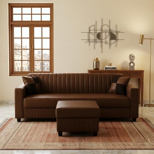 Image of FURNY Gracina 4 Seater L Shape Sofa Set with Movable Ottoman | Flexible Left or Right Layout | Premium Leatherette Upholstery (Brown) | Perfect for Living Room, Guest Room & Office