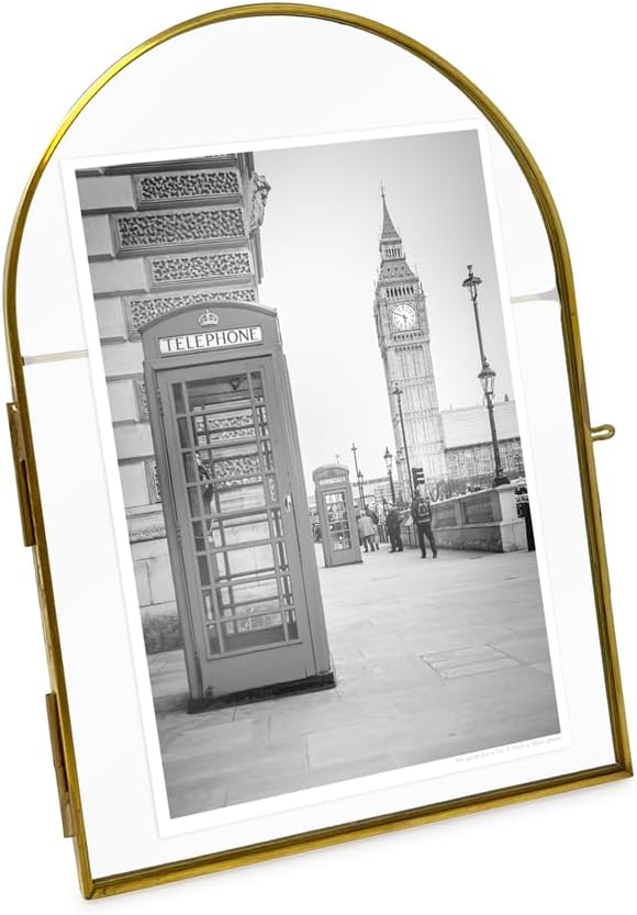 Isaac Jacobs5x7 Vintage Style, Arched Brass & Glass Metal Floating Picture Frame with Locket Closure (Vertical), Made for Tabletop Display (5x7 Vertical, Antique Gold)