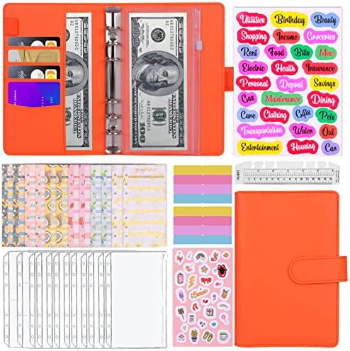 Budget Binder A6, AOTUAO 30pcs Leather Notebook Budget Binder with Cash Envelopes for Budgeting,Budget Binder with Zipper Envelopes, Money Organizer for Cash,Budget Sheets and Label Stickers-Black