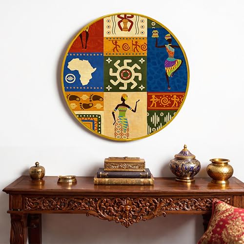 Image of African Tribal Round Framed Wall Art Painting For Living Room | Ethnic Cultural Abstract African Theme Wall Art Painting With Frame for Home, Bedroom & Office, 16 Inch