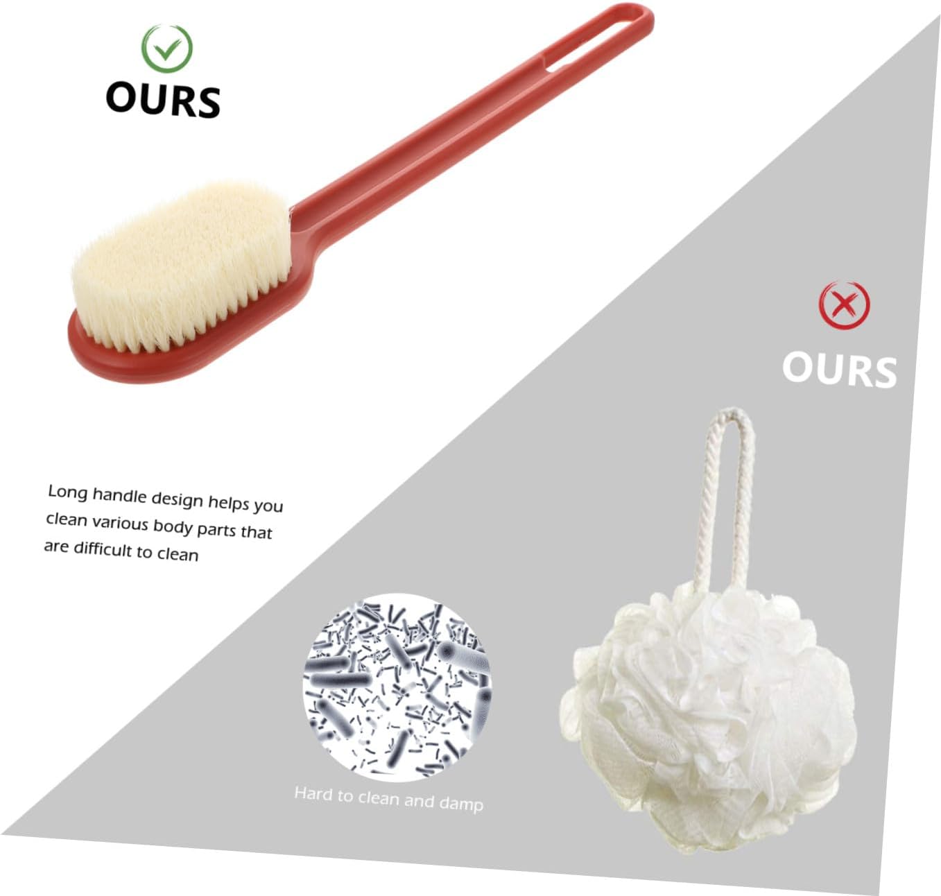Long Handle Shower Brush Red Nylon Soft Bristle Bath Brush Multipurpose Body Scrubber for Back Massage and Exfoliation Suitable for Daily Bathing