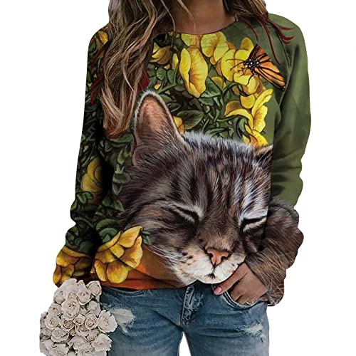 Jinkulya Damen Langarm Sweatshirts Rundhalsausschnitt Katzendruck Lässige Lose Sweatshirt Pullover Tunika Niedliche Grafik T-Shirts Cover