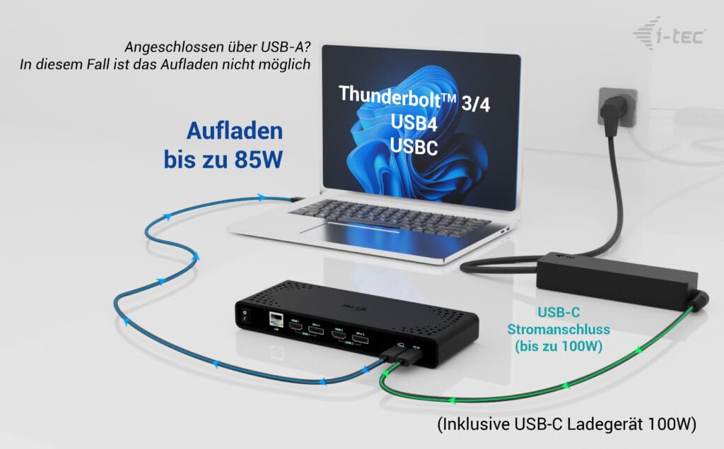 i-tec Universelle Dockingstation Dual 4K Display mit Stromversorgung 85W - 2X DisplayPort und 2X HDMI, 5X USB-Anschlüsse