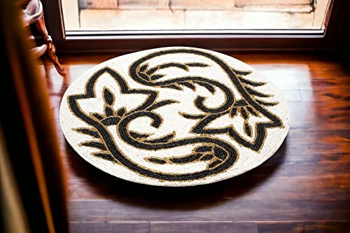 Handmade Round Beaded Placemat for Dining Table - 13 Inches Table Mat for Gathering, Occasional Decoration and Family Parties Celebrations - Black/White/Gold - Thumbnail 2