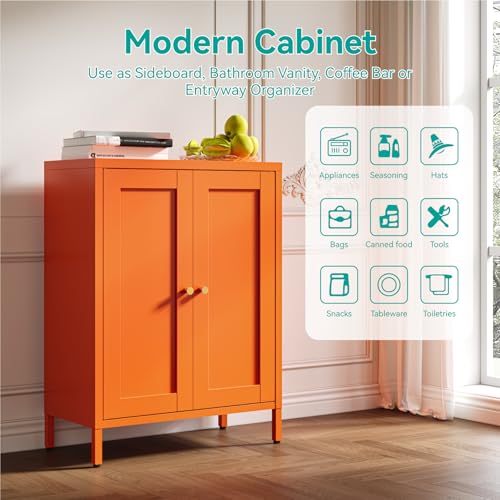 Image of Metal Floor Storage Cabinet, Small Freestanding Sideboard Storage with 2 Adjustable Shelves for Bathroom Entryway Living Room Dining Room Coffee bar,11.8 inchD x 23.6 inchW x 31.5 inchH,3-Tier,Orange