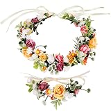 Blumenkranz Blume Krone Stirnband, Rose Braut Haarschmuck mit Armband-Set, GuKKK Blumenstirnband Verstellbarer Gürtel, Haarbänder Floral Girlande, für Damen Hochzeit Zeremonie Festival Party Strand