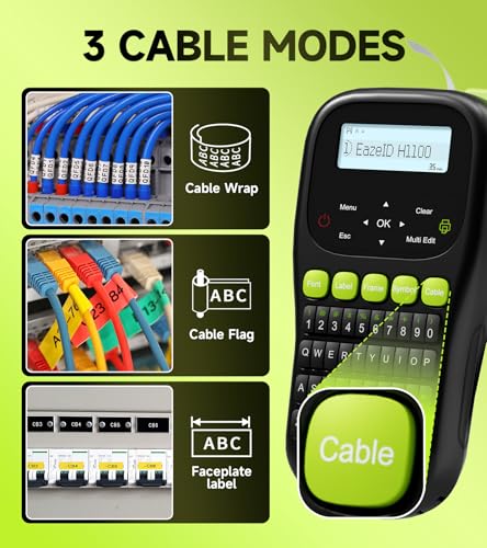 EazeID Industrial Label Maker Machine with-Tape, Portable Cable Label Maker with Keyboard, Handheld Wire Labeler with Backlight Screen for Home Office Use, H1100 Black