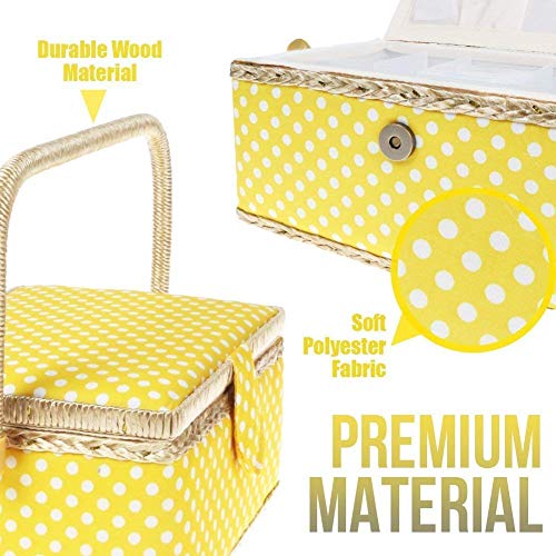 Sewing Basket With Complete Sewing Kit Supplies Accessories Tools Included Wooden Beginners Sewing Kits With Removable Tray And Tomato Pincushion For Craft Sewing Mending - Yellow #TOP2