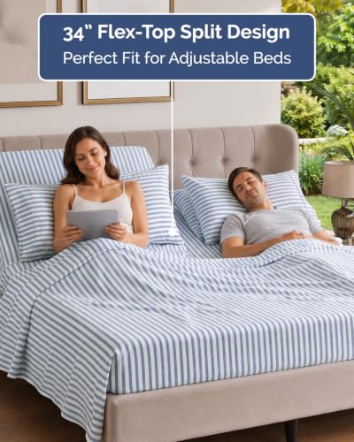 Image of Flex Top Split Head King 6 Piece Piece Sheet Set - Comfy Breathable & Cooling - Soft Hotel Luxury Bedding Set with 8-16 Inch Deep Pockets - 1 Flat & 1 Fitted Sheet & Pillowcases - Blue Stripes 2