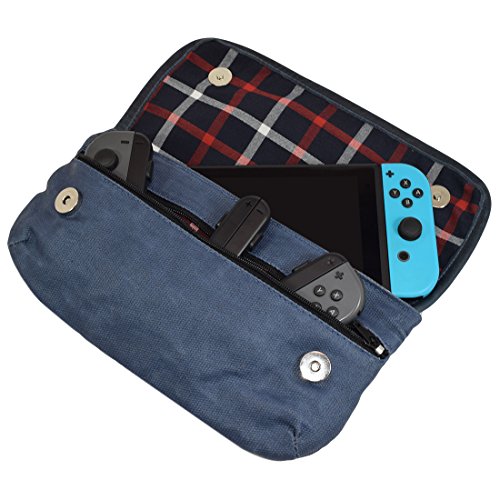 Hide & Drink, Waxed Canvas Switch Compatible Carrying Case, Urban Travel Pouch, Soft Storage Bag, Scratch & Bump Protection, Minimalist Essentials Handmade :: Blue Mar