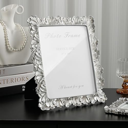 8x10 Picture Frame Silver, Vintage Silver Palm Leaves Textured Hand-Crafted Resin with Glass Front, Elegant Retro Design Photo Frame for Wall and Tabletop Display Home Decor