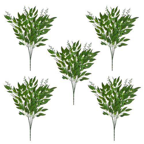Shirfloral 5 Bundles Italian Ruscus Greenery Plants 20.4in Artificial Green Leaf Willow Leaves Bouquet for Floral Arrangement Home Wedding Party Garden Farmhouse Table Centerpiece Decor (Green)