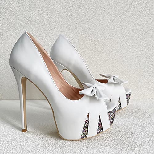 Frankie Hsu Sexy Stiletto Platform High Heeled Pumps, Classic White Colorful Glitter Fashion Shoes, Big Large Size Designer Bow Spike Ankle Sandal For Women US5-142