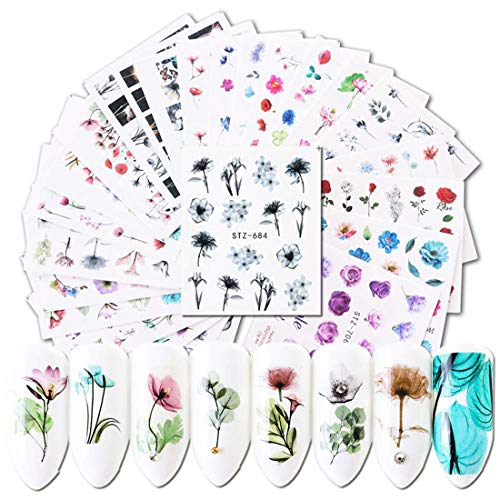 Nail Art Stickers Nails Decorations Accessories 24 Sheets Water Transfer Nail Decals Rose Flower Leaf Assorted Patterns Stickers DIY Manicure Tips Acrylic Nail Art Design Supplies