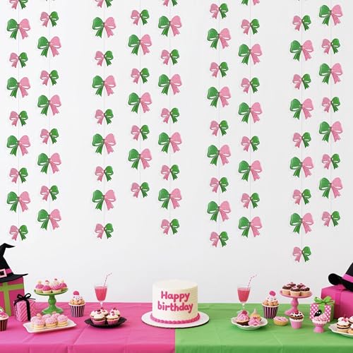 Image of 6PCS Pink and Green Party Decorations 3D Green Pink Conquette Bow Garland Witch Party Decorations Double Layer Bow Banner Streamers for Girls Witch Kids Wizard Birthday Baby Shower Decor Supplies
