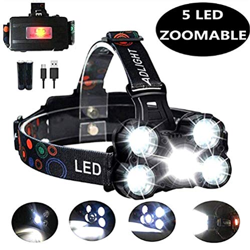 COOLEAD Lampe frontale Zoomable 4 modes 5 LED rotative rechargeable USB étanche pour la pêche, la randonnée, le camping, le bricolage