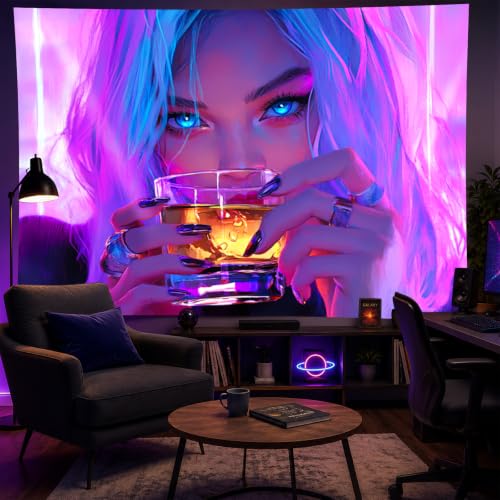 Image of BlissYard Anime Girl Blacklight Tapestry Neon Drinking Girl Fluorescent Tapestry Blacklight Sexy Lady Glow In The Dark Art Wall Hanging Poster Room Bedroom Party Backdrop Decor 78x59 Inch