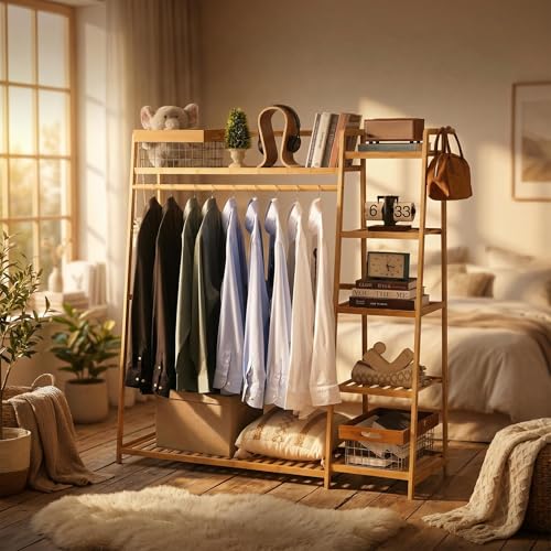 Bamboo Clothing Garment Rack 7 Tier Storage Shelf Coat Clothes Hanging Rack, Portable Wardrobe Closet Organizer With Top Shelf, Shoe Storage Shelves for Bedroom (Natural - 51.18 in) - Image 3
