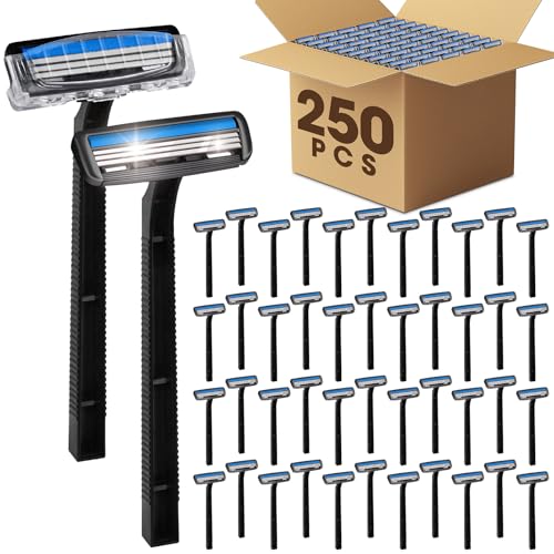 CXYARY 250 Pcs 3 Blade Disposable Razors With Clear Safety Cap Shaving Razors Bulk for Men &Women Stainless Steel Blade Multipurpose Portable Shave Razor for Bathing Hotel Travel Black