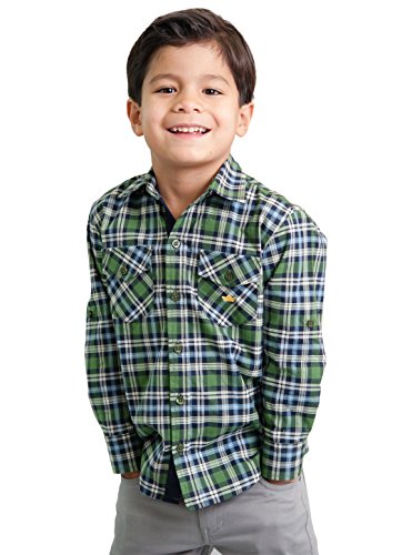Toddler Boys' 100% Pima Cotton Green Plaid Shirt - Western Check Roll Up Dress Shirt