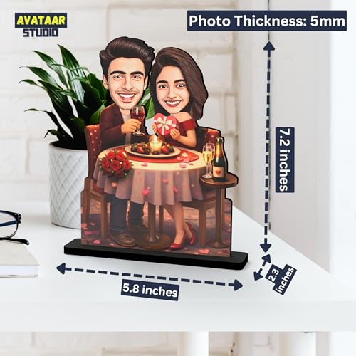 Image of Wood Rectangular Personalized Caricature Gift for Couple, 7 Inches, Tabletop Multicolor, Art Deco Style (Couple 9)