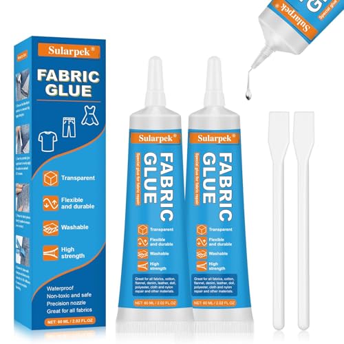 Sularpek 2 * 60 ML Pegamento para Tela, Adhesivo Textil Extra Fuerte y Permanente para Telas y Tejidos Todas Las Telas, Insignias, Reparación de Muñecas