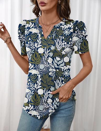 Image of LOMON Spring Summer Tops for Women 2026 V Neck Puff Short Sleeve Tops Fashion Trendy Work Blouses Dressy Casual S-XXL