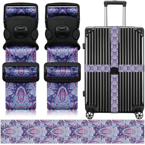 Image of Luggage Straps for Suitcases, Travel Adjustable Belt with Quick Release Buckle, Heavy Duty Nylon Bag Packing Strap, Unique Bright Identifiers Business Travel Accessories (2 Pack) - Purple Print