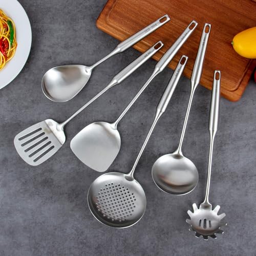 304 Stainless Steel Kitchen Utensils Set, VALESKA 6 PCS Metal Cooking Utensils Set, metal spoon,Wok Spatula, Ladle, Skimmer Slotted Spoon,Serving Large Spoon, Slotted Spatula Tunner
