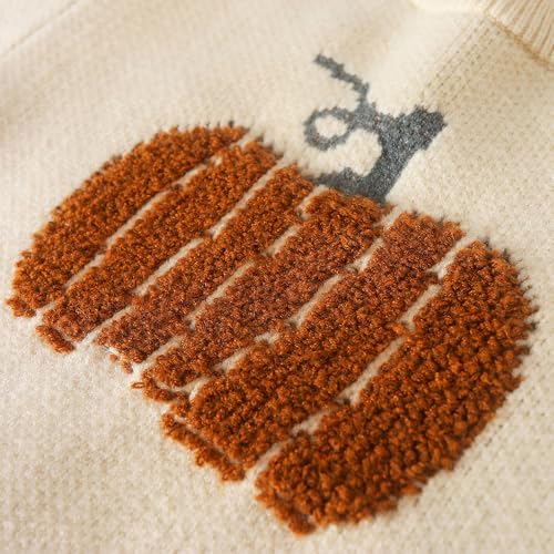 Kids Pumpkin Knit Sweater, Cream Color, Fall Holiday Design3