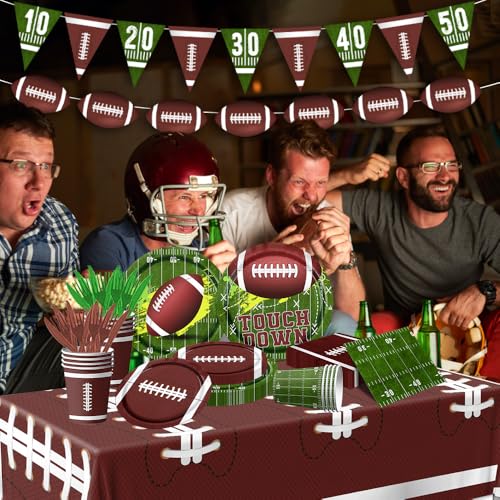 178PCS Football Party Supplies Kit Serve 25, Football Party Paper Plates Napkins Touchdown Tablecloth Cups Banner Fork knives for Football Game Themed Birthday Sport Party Decorations