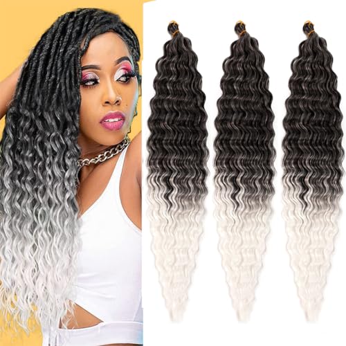 Ocean Wave Crochet Hair 30 Inch Deep Wave Braiding Hair Long Curly Crochet Braids Hair Extensions Ombre Black to White 3 Packs