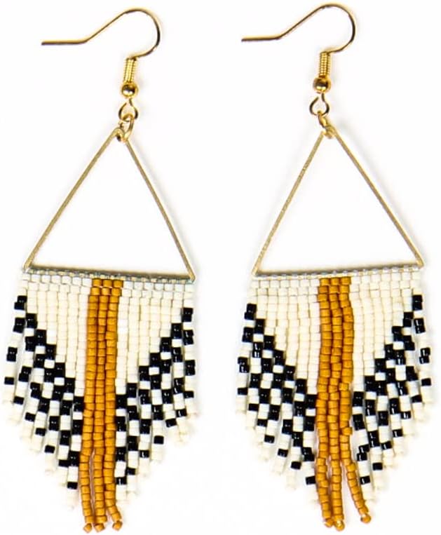 Whiskey Fringe Seed Bead Earrings for Women – Handmade Boho Beaded Dangle Earrings with Mustard & Cream – Lightweight Jewelry by Embera Bead Project – Hypoallergenic Stainless Steel