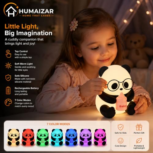 Image of HUMAIZAR Baby Panda Silicone LED Night Lamp - Cute Panda Night Light with Goggles, Multicolor Touch Bedside Lamp for Kids Room Decor, Rechargeable Nursery Night Light, Birthday Gift for Girls Boys