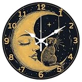 CHGCRAFT Moon Wall Clock 12 Inch Battery Operated Clocks Stars Cat Non Ticking Silent Wall Clock Decorative Clocks for Kitchen Living Room Bedroom Home Decor