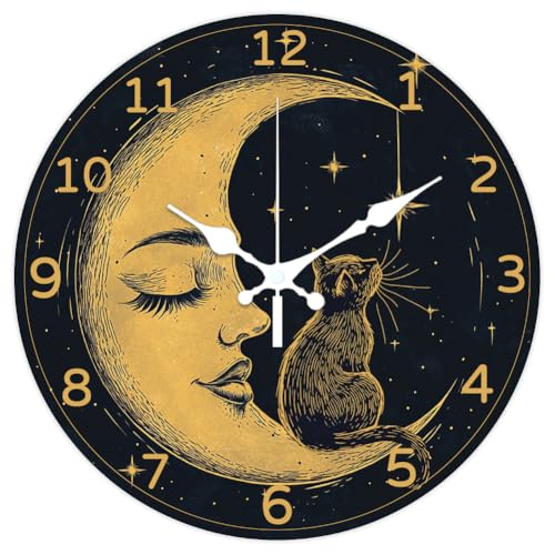 CHGCRAFT Moon Wall Clock 12 Inch Battery Operated Clocks Stars Cat Non Ticking Silent Wall Clock Decorative Clocks for Kitchen Living Room Bedroom Home Decor