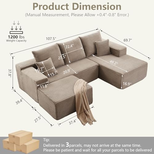 Image of Lakifun 107 inch U-Shape Cloud Couch, Modern Modular Sectional Comfy L-Shape Sofa with Ottoman, Deep Seat, Upholstered Corduroy Sleeper Chaise Longue for Living Room Bedroom, No Assembly Required, Camel
