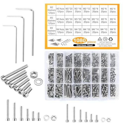 Zylinderschrauben mit Innensechskant, 1080 Stk Schrauben Muttern und Unterlegscheiben Sortiment Kit, M2 M3 M4 Edelstahl Innensechskant Schraube mit Schraubenschlüsseln
