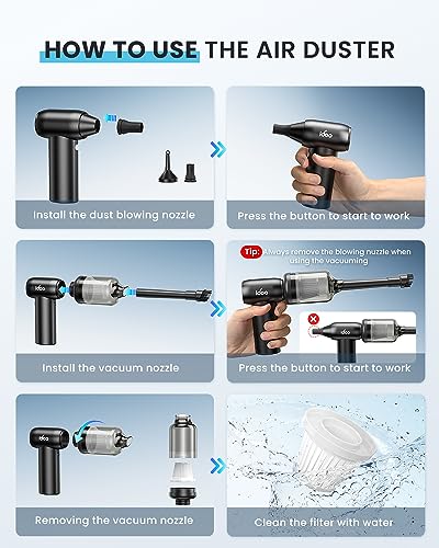 iDOO Compressed Air Duster, Cordless Electric Canned Duster, Portable Vacuum, 3 Gear Mini Portable Jet Dry Air Blower, for Gaming Pc, Keyboard, Car Cleaning, Outdoors-Dust Blowing & Vacuuming(Black) - image 7