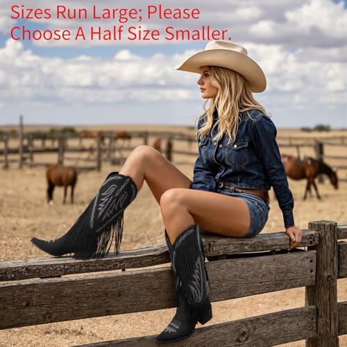 Image of Cowgirl Boots for Women Retro Pointed Toe Pull On Block Chunky Heel Embroide Tassel Country Concert Outfits Mid Calf Western Fringe Cowboy Boots
