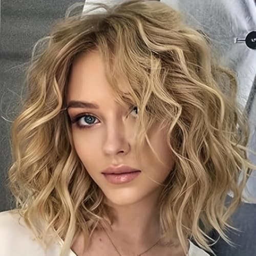 Platinum Blonde Bob Wig for Women KASTWAVE Short Curly Wavy Layered Wig with Side Bangs Natural Synthetic Glueless Wig with Dark Roots Ready to Wear Fashion Wig for Daily Party Cosplay