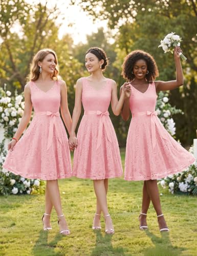 Image of Dressystar Women's Floral Lace V Neck Short Bridesmaid Cocktail Party Dress