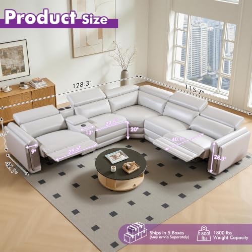 Image of Power Recliner Sofa, Leather Sectional Couch for Living Room, Light Grey | 3 Bluetooth Speakers & Hidden Storage, Modern L Shaped Reclining Couch with 6 Charging Ports
