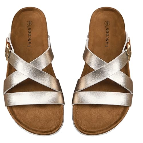 Image of Sandals Women Wide Width, Cork Footbed Arch Support Summer Beach Slide Sandals, Adjustable Strap for Wide Feet