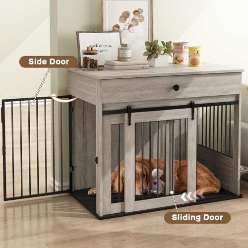 DAWNYIELD Hundekäfig Möbel, Möbel Stil Haustier Kiste mit Schiebetüren, Hölzerne Indoor-Hundezwinger Beistelltisch mit Schublade, Abschließbare Hundehütte mit 360 ° Drehbaren Hundenapf, Grau