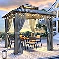 8.5'x8.5' Hardtop Gazebo, Outdoor Double Roof Galvanized Steel Gazebo, Aluminum Frame Permanent Pavilion with Curtains & Netting for Backyard, Patio, Deck (Galvanized Steel Top, 8.5x8.5 FT)