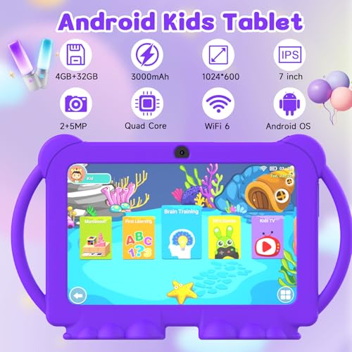 Image of Kids Tablet 7 inch for Boys Girls Android Tablets for Kids, 4GB RAM 32GB ROM Toddler Tablet, WIFI Bluetooth, Safety Eye IPS Screen, Parental Control, Dual Camera Shockproof Case for Educational Games
