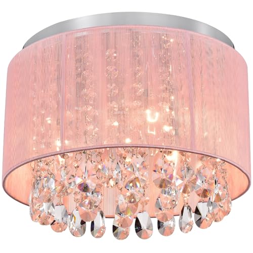 LaLuLa Pink Chandelier Drum Flush Mount Chandelier Crystal Ceiling Light Fixture 3 Light Bedroom Chandelier