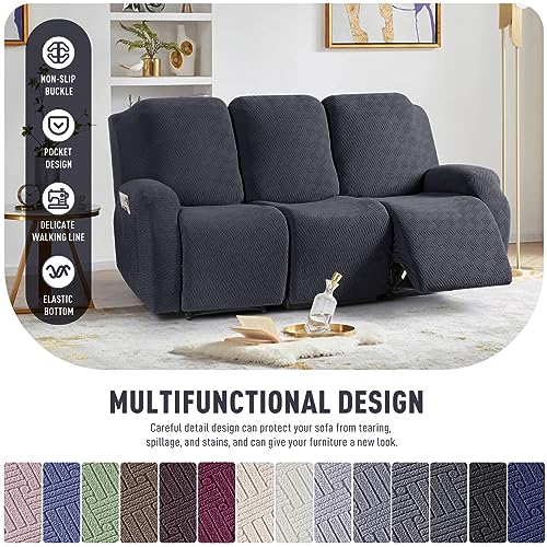 Image of KinCam Recliner Covers, Stretch Reclining Chair Covers, Recliner Sofa Slipcovers Stripe Jacquard Recliner Couch Covers Furniture Protector Covers for Pet Kid (3 Seater, Charcoal Gray)